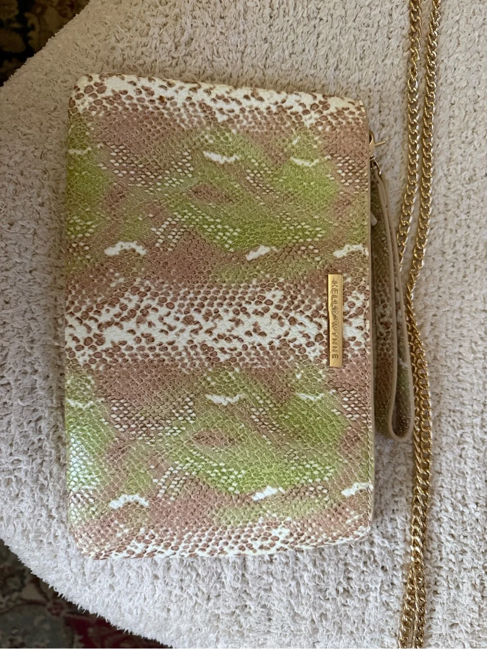 Kelly Wynne Green and Neutral Snake-Print Clutch/wristlet bag